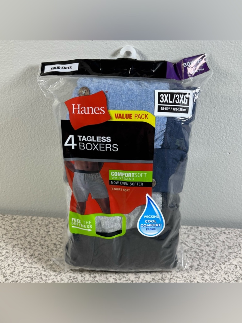 Hanes Tagless Boxers 4-Pack 3XL 48-50 ComfortSoft Waistband Wicking Solid Knits